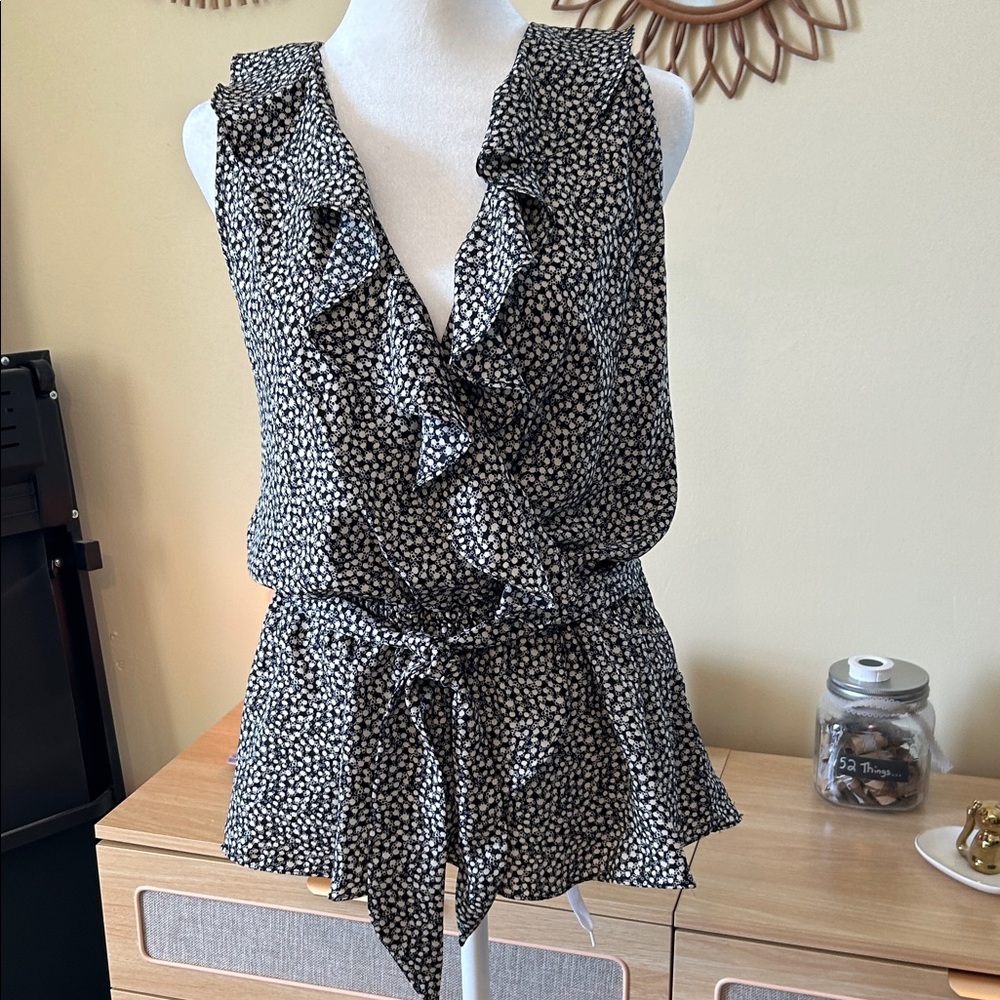 Black and Cream Ruffle Faux Wrap Sleeveless Top